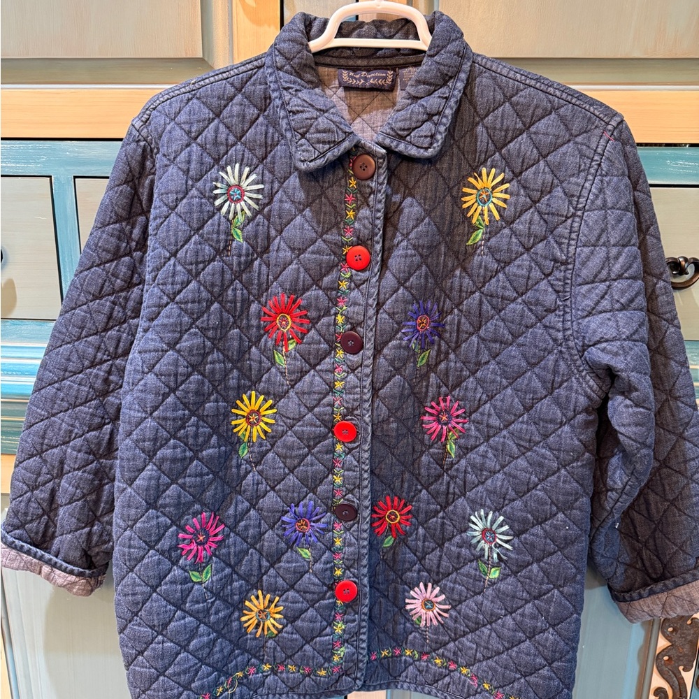 Vintage new directions Navy Quilted Floral Embroidered Button-Front Jacket